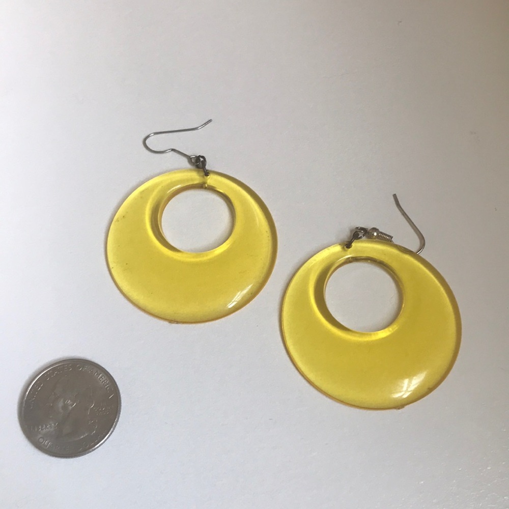 Lemon Yellow Vintage Hoop Dangle Earrings - Picture 2 of 3